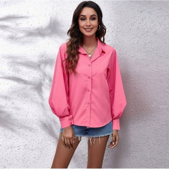 Chico's Blouse Womens Large (3) Pink Blouse Billow Sleeve Poplin Barbie Career - Picture 1 of 12